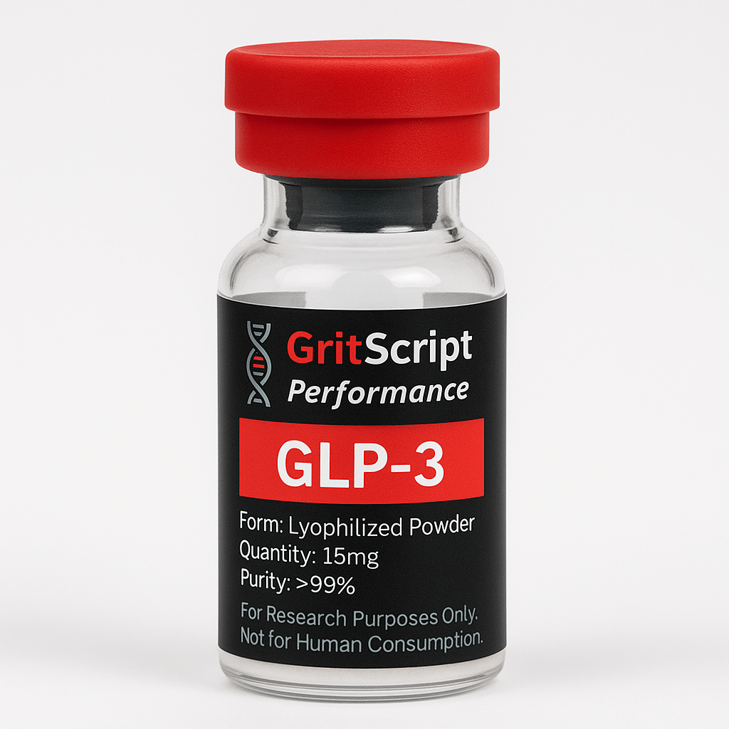 GLP-3 tri-agonist 15mg lyophilized powder in a clear vial with red cap for research purposes only.