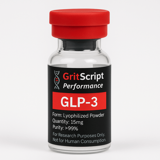 GLP-3 tri-agonist 15mg lyophilized powder in a clear vial with red cap for research purposes only.