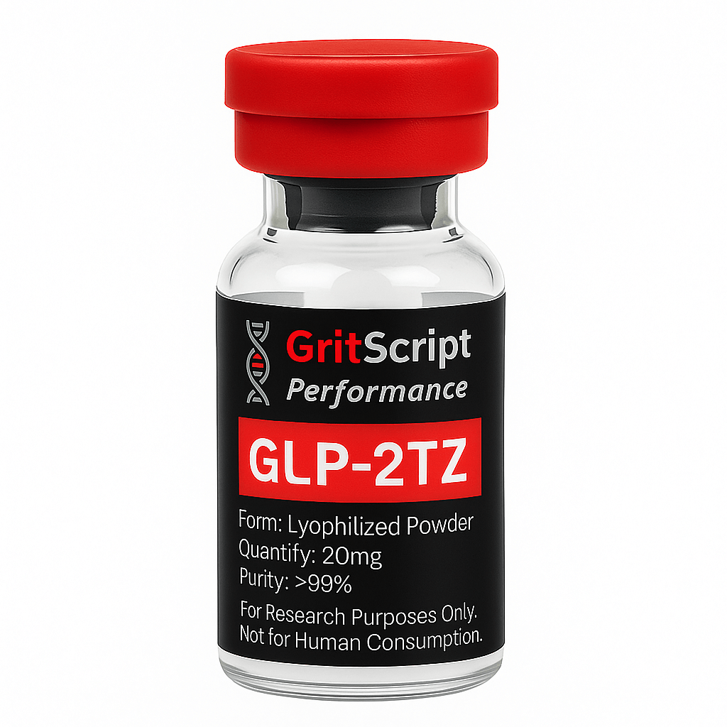 GLP-2TZ dual agonist 20mg vial from GritScript Performance, form: lyophilized powder, purity: >99%. For research purposes only.