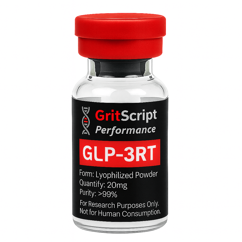 GLP-3RT 20mg research compound in a clear vial with red cap, labeled for research purposes only.